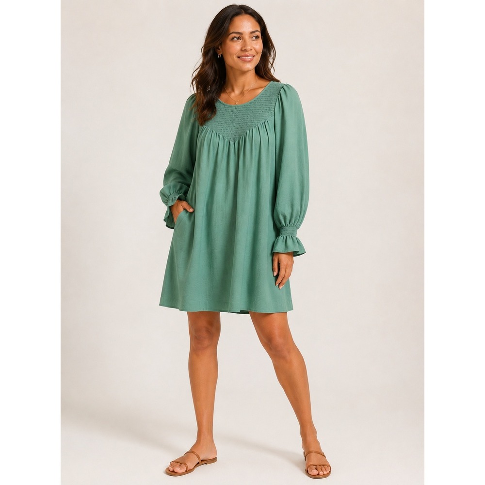 A New Day Dress Womens Large Green Rayon Smocked Long Sleeve Pocket Mini Boho